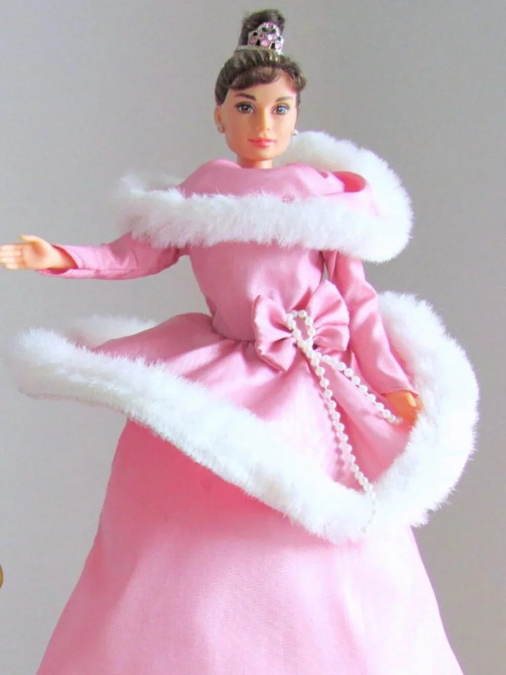 BARBIE BALL GOWN, PINK w WHITE FAUX FUR + SHOES, GREAT for AUDREY HEPBURN DOLL
